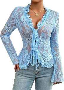 Close-up of light blue sheer lace top featuring ruffled V-neck and delicate tie-up front