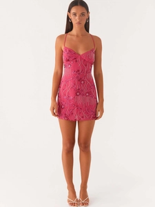 Sleeveless rose red sequin mini dress with floral embroidery and beaded tassel details