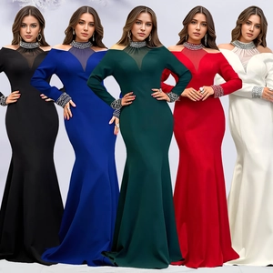 Elegant Women Long Sleeve Mermaid Evening Dress With Mesh Splicing Rhinestone Collar Slim Fit Solid Floor Length Maxi Gown