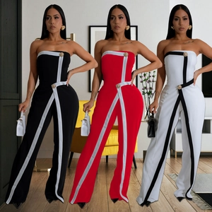 Elegant Women's Strapless Wide Leg Jumpsuit Color Block Button Decor Backless Sleeveless Slim Fit Party Fashion Romper