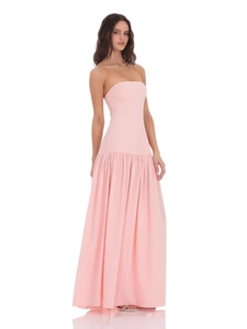 Vestido largo palabra de honor a cuadros rosa y blanco con falda plisada