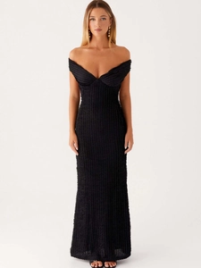 Damen Sexy Schulterfrei Rückenfrei Maxi Kleid Elegant Plissé Texturiert Schlanke Passform Abendkleid Für Bankett