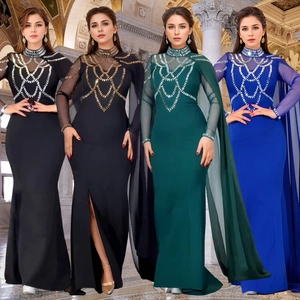 Robe de Soirée Moulante Élégante avec Strass Manches Cape en Maille Col Haut Sirène Robe de Fête Formelle Banquet