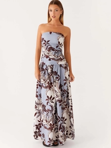 Robe longue bustier à imprimé floral, dos nu et motifs bleu clair pour les vacances