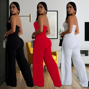 Sleeveless strapless wide leg jumpsuit for women in black, red and white colors