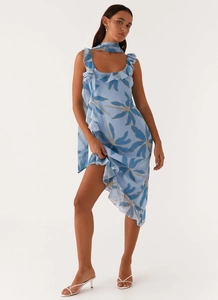 Detail of light blue floral chiffon dress with ruffled neckline and matching scarf