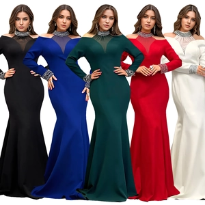 Elegant long sleeve mermaid evening dress with rhinestone neckline and mesh paneling