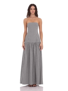 Elegante vestido largo palabra de honor con cuadros vichy en blanco y negro