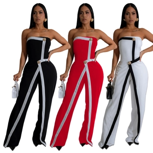 Women's strapless wide leg jumpsuit with gold buttons in black, red and white colors