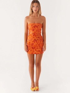 Summer orange tube mini dress with 3D floral embroidery and slimming bodycon fit for women