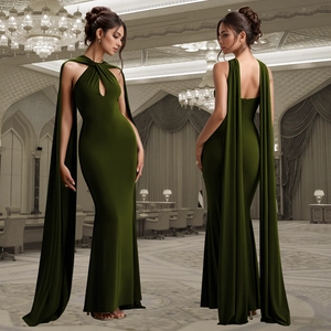 Elegant dark green evening dress with halter neck and long cape streamers for formal events