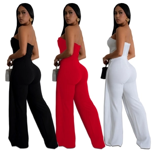 Chic strapless wide-leg jumpsuits shown in black, red, and white slim-fit styles