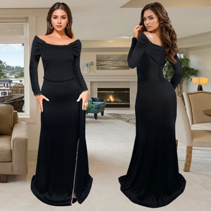 Women Elegant Off Shoulder Long Sleeve Evening Dress High Slit Rhinestone Bodycon Maxi Gown Formal Party Dress