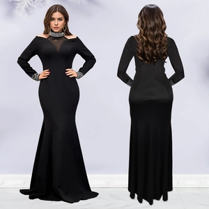 Elegant black off-shoulder fishtail evening dress with mesh and pearl rhinestone details