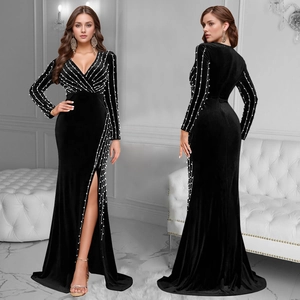 Elegant black velvet deep V-neck maxi dress with pearl rays and high side slit