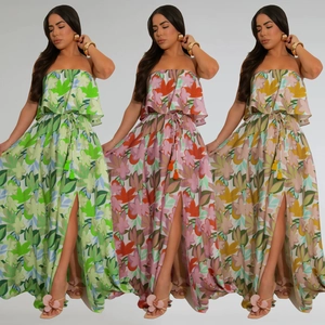Women Floral Print Bandeau Maxi Dress Ruffle Side Split Vacation Sleeveless Long Dress Bohemian Tropical Print Summer Gown