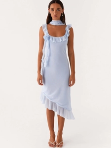 Sexy Chiffon Sling Maxi Dress For Women Slim Fit Ruffle Asymmetric Hem French Style Long Party Dress With Neck Scarf