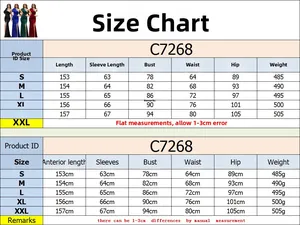 Detailed size chart for off-shoulder rhinestone slit dress C7268 from S to XXL