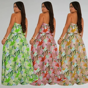 Three elegant floral print strapless maxi dresses with layered A-line skirts