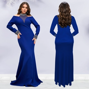 Elegant navy blue fisheye evening dress with sparkling rhinestones and mesh patchwork
