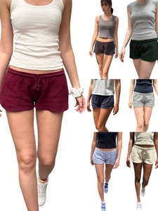 Damen Casual Waffelstrick Shorts Sommer Elastische Hohe Taille Kordelzug Sportshorts Weites Bein Gerade Lounge Hose Tasche