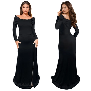 Elegant black off-shoulder evening dress with long sleeves and rhinestone slit detail