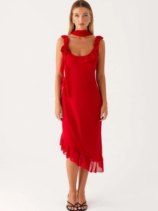 Elegant red chiffon midi dress with ruffled hem and rose floral shoulder detail