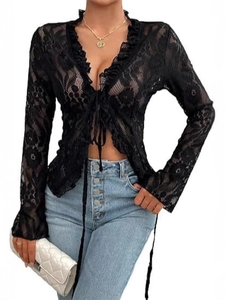Women Sexy Sheer Floral Lace Top Long Sleeve V Neck Ruffle Tie Front Blouse Mesh See Through Clubwear Casual Party Top
