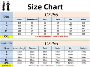 Detailed size chart for C7256 women's dress with measurements for bust, waist and hips