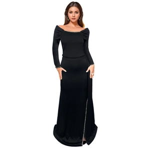 Elegant black long-sleeved evening dress with off-shoulder neckline and pearl slit detail