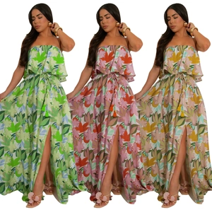 Floral strapless maxi dress with front slit and tassel drawstring in multiple colors