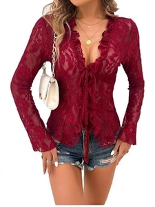 Red sheer lace long sleeve tie-front crop top with delicate ruffle trim and floral mesh