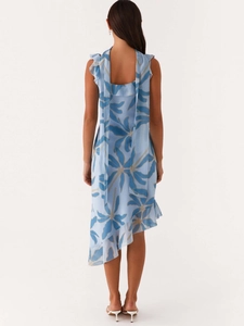 French style light blue floral chiffon dress with asymmetric ruffled hem and back ribbons