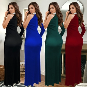 Elegant off-shoulder long dress with rhinestone high neck and slit in four colors