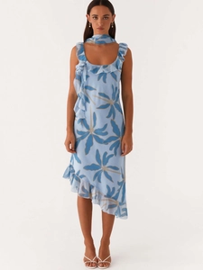 Light blue floral chiffon halter neck dress with ruffles and asymmetrical hemline