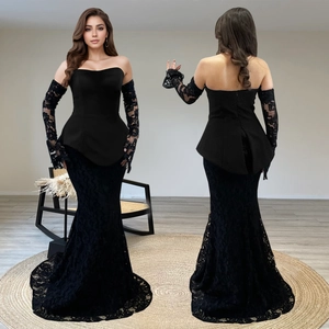 Haut Peplum Bandeau en Dentelle Noire Élégant pour Femmes Et Jupe Longue Sirène Avec Manches Amovibles pour Soirée Banquet