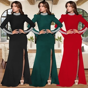 Robe de Soirée Élégante pour Femmes avec Strass Col Haut Manches Longues Robe Maxi de Fête avec Fente Haute Moulante
