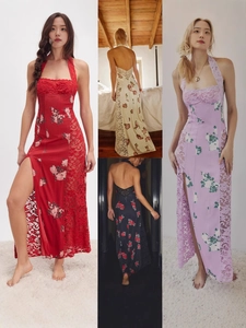 Women Sexy Floral Print Halter Backless Maxi Dress Lace Patchwork Hollow Out High Slit Slim Fit Mesh Long Dress Party Wear