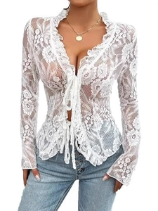 Women's white sheer floral lace long sleeve tie-front crop top with ruffle trim accents