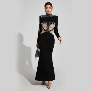 Elegant black high neck long sleeve mermaid dress with pearl beads and sheer mesh panels