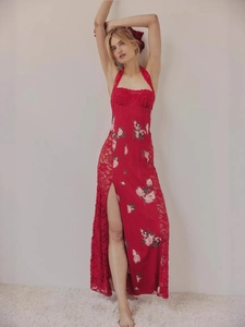 Sexy red floral halter maxi dress with lace splicing and high slit for summer fashion
