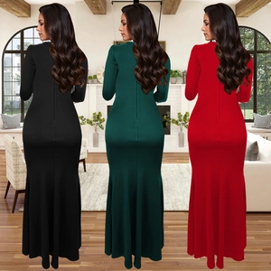 Robe sirène moulante à manches longues élégante avec strass en noir vert et rouge