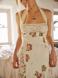 Vintage floral halter neck dress with lace patchwork in creamy white with pink flowers