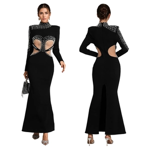 Elegant black long sleeve gown with pearls and cutout back detail, front and back view