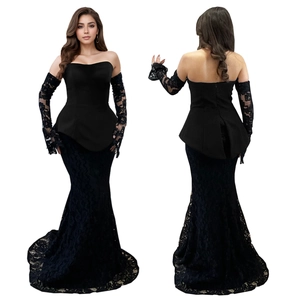 Ensemble de soirée 3 pièces en dentelle noire avec haut bustier et gants de sirène