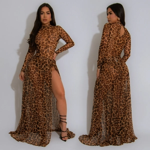 Elegante Vestito Lungo con Stampa Leopardata e Spacco Alto Collo a Lupetto Manica Lunga Trasparente Senza Schienale per Feste
