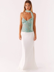 Mint green sequined camisole with floral embroidery and white satin maxi skirt set