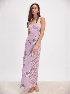 Elegant lavender halter maxi dress with floral lace stitching and hollow out details