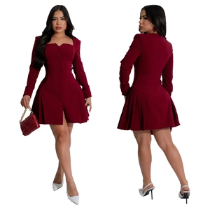 Detail of dark red dress featuring square neck, buttons and pleated skirt hem