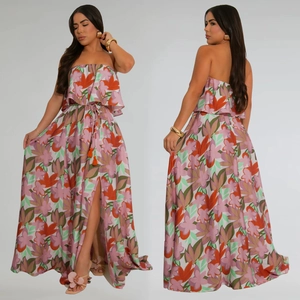 Floral print strapless maxi dress with high front slit and tassel waist tie detail